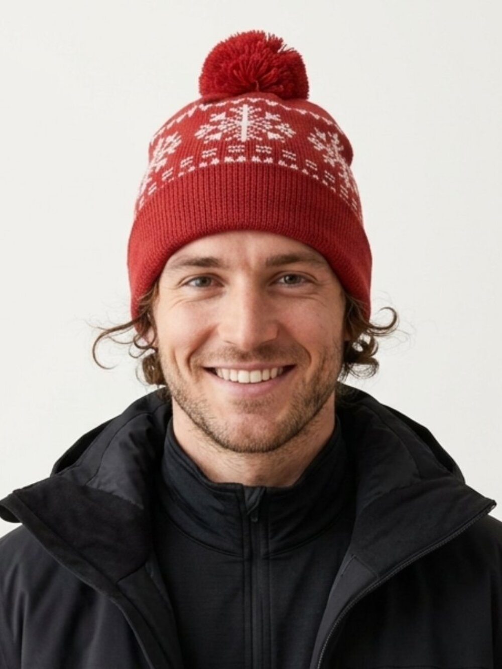 Get Your Snow On with this Red Snowflake Knit Pom Pom Beanie